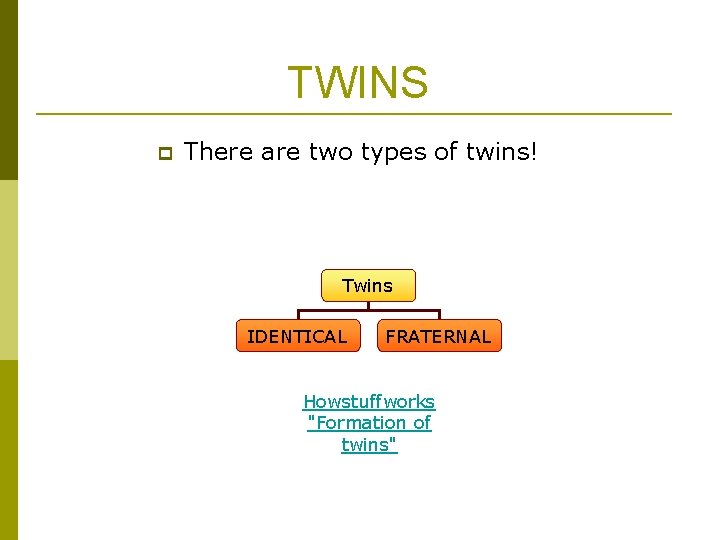TWINS p There are two types of twins! Twins IDENTICAL FRATERNAL Howstuffworks "Formation of