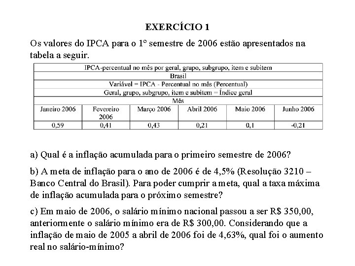 EXERCÍCIO 1 Os valores do IPCA para o 1º semestre de 2006 estão apresentados