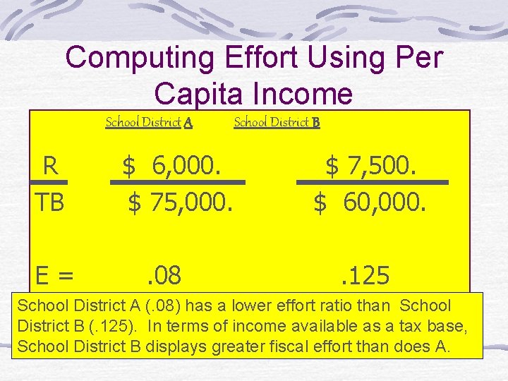 Computing Effort Using Per Capita Income School District A R TB E= School District