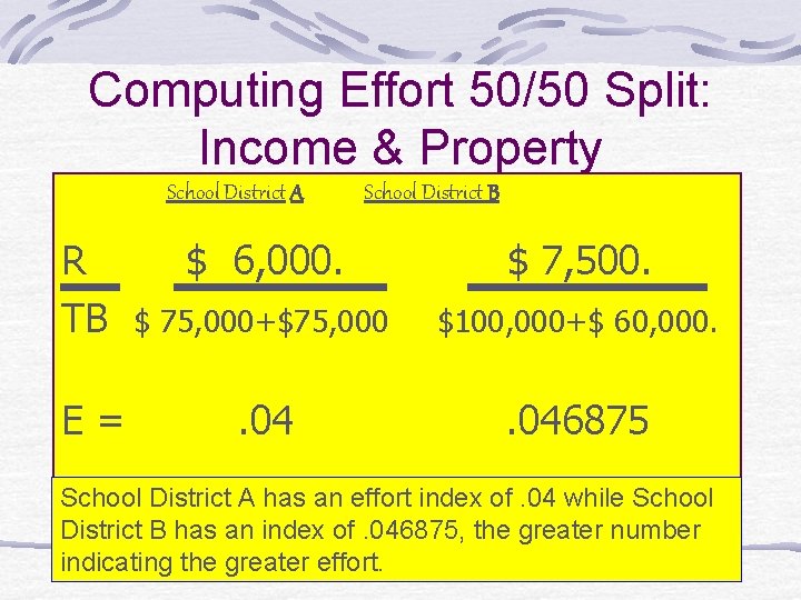 Computing Effort 50/50 Split: Income & Property School District A School District B R