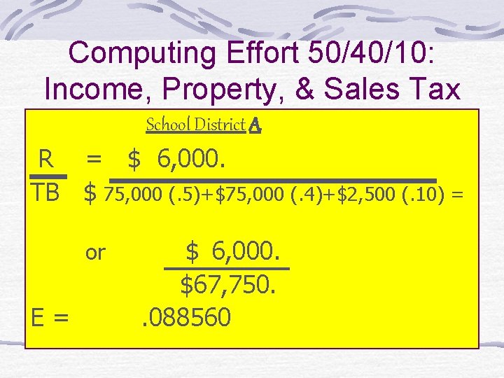 Computing Effort 50/40/10: Income, Property, & Sales Tax School District A R = $