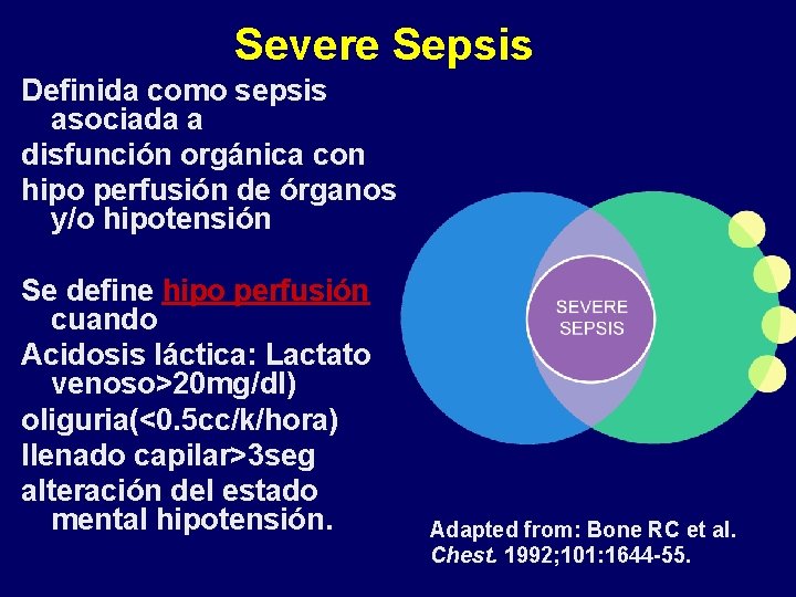 Severe Sepsis Definida como sepsis asociada a disfunción orgánica con hipo perfusión de órganos Severe Sepsis Definida como sepsis asociada a disfunción orgánica con hipo perfusión de órganos