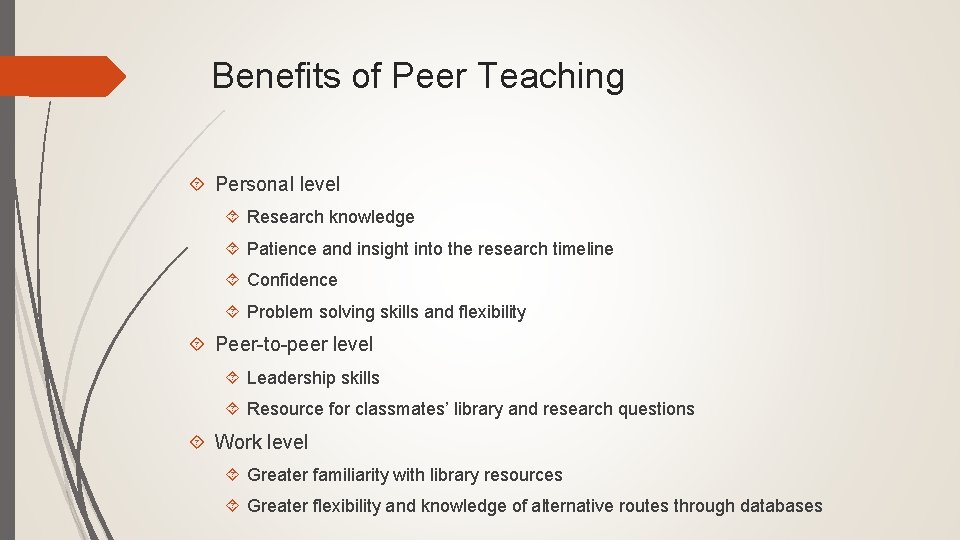 Benefits of Peer Teaching Personal level Research knowledge Patience and insight into the research