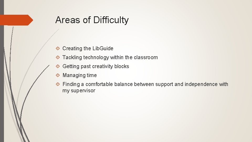 Areas of Difficulty Creating the Lib. Guide Tackling technology within the classroom Getting past