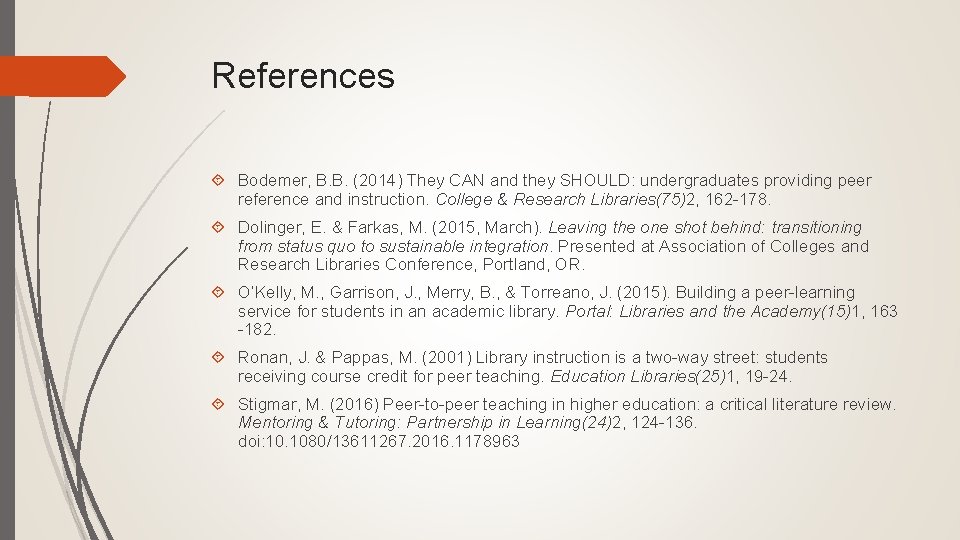 References Bodemer, B. B. (2014) They CAN and they SHOULD: undergraduates providing peer reference