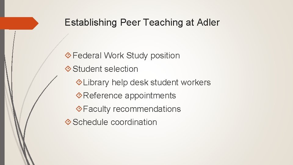 Establishing Peer Teaching at Adler Federal Work Study position Student selection Library help desk