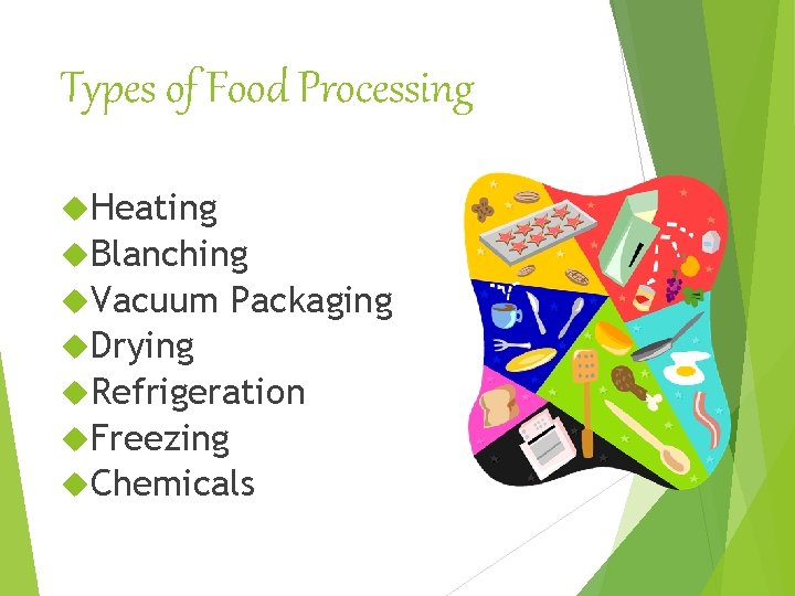Types of Food Processing Heating Blanching Vacuum Packaging Drying Refrigeration Freezing Chemicals 