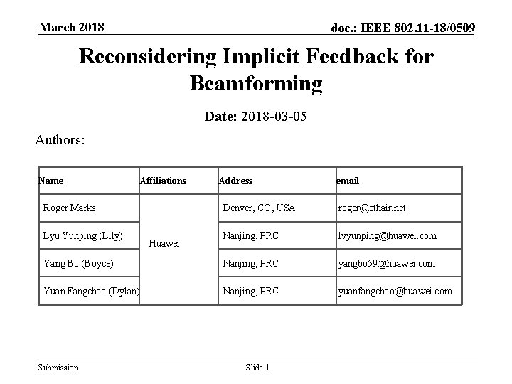 March 2018 doc. : IEEE 802. 11 -18/0509 Reconsidering Implicit Feedback for Beamforming Date: