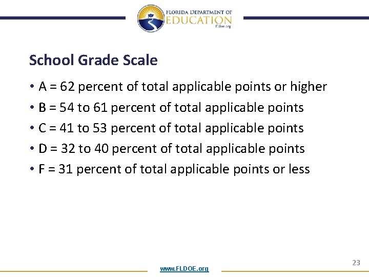 School Grade Scale • A = 62 percent of total applicable points or higher