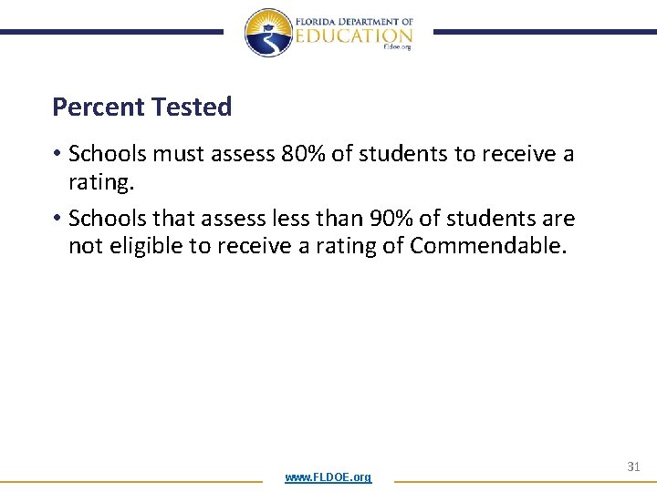 Percent Tested • Schools must assess 80% of students to receive a rating. •