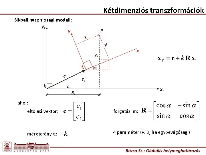 Kétdimenziós transzformációk Síkbeli hasonlósági modell: ahol: eltolási vektor: forgatási m: méretarány t. : 4