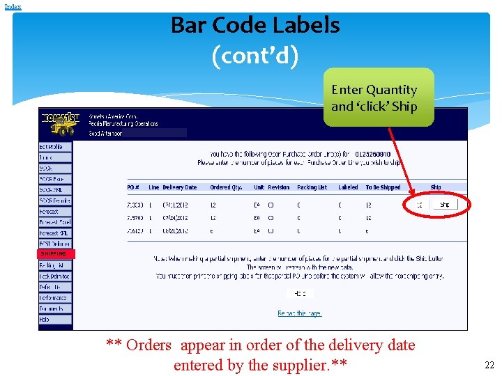 Index Bar Code Labels (cont’d) Enter Quantity and ‘click’ Ship SHIPPING ** Orders appear Index Bar Code Labels (cont’d) Enter Quantity and ‘click’ Ship SHIPPING ** Orders appear