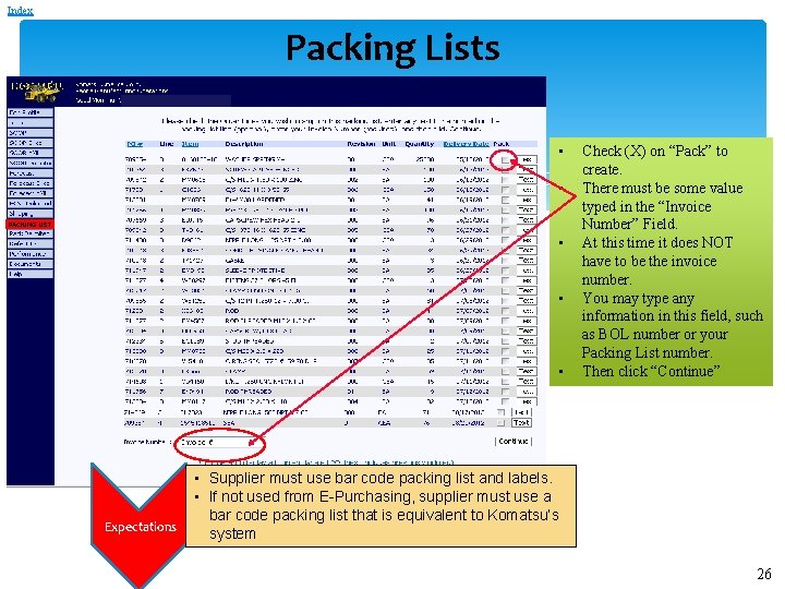 Index Packing Lists • • PACKING LIST • • • Expectations Check (X) on Index Packing Lists • • PACKING LIST • • • Expectations Check (X) on