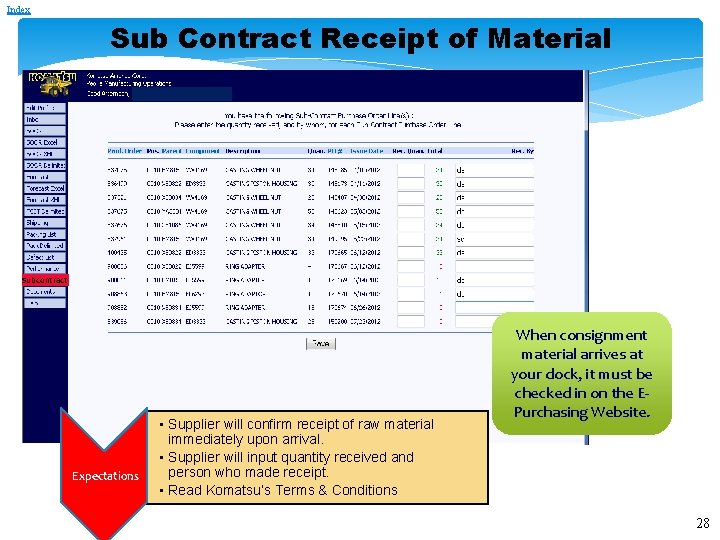 Index Sub Contract Receipt of Material Subcontract Expectations • Supplier will confirm receipt of Index Sub Contract Receipt of Material Subcontract Expectations • Supplier will confirm receipt of