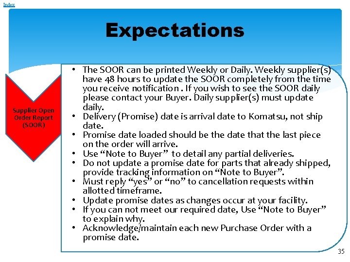 Index Expectations Supplier Open Order Report (SOOR) • The SOOR can be printed Weekly Index Expectations Supplier Open Order Report (SOOR) • The SOOR can be printed Weekly