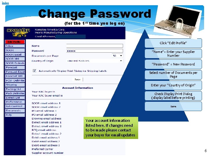 Index Change Password (for the 1 st time you log on) Edit Profile Click Index Change Password (for the 1 st time you log on) Edit Profile Click