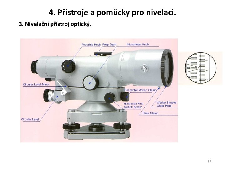 4. Přístroje a pomůcky pro nivelaci. 3. Nivelační přístroj optický. 14 4. Přístroje a pomůcky pro nivelaci. 3. Nivelační přístroj optický. 14