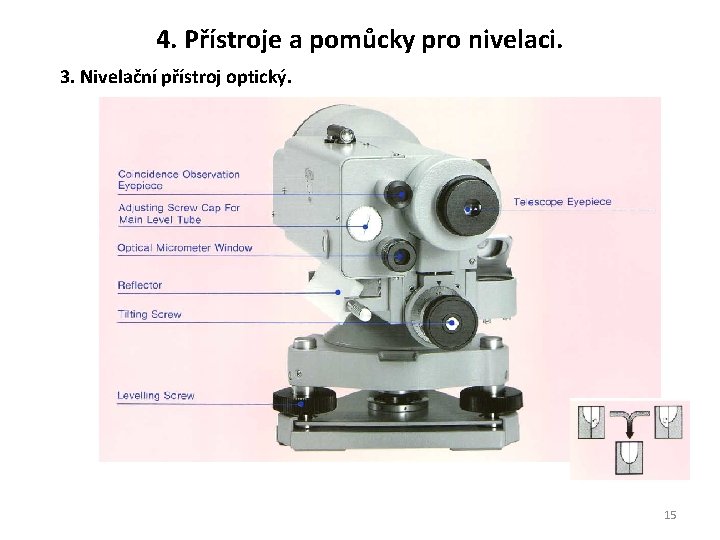 4. Přístroje a pomůcky pro nivelaci. 3. Nivelační přístroj optický. 15 4. Přístroje a pomůcky pro nivelaci. 3. Nivelační přístroj optický. 15
