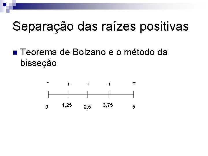 Separação das raízes positivas n Teorema de Bolzano e o método da bisseção -