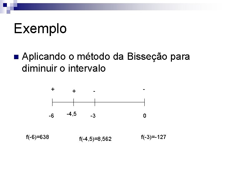 Exemplo n Aplicando o método da Bisseção para diminuir o intervalo f(-6)=638 + +