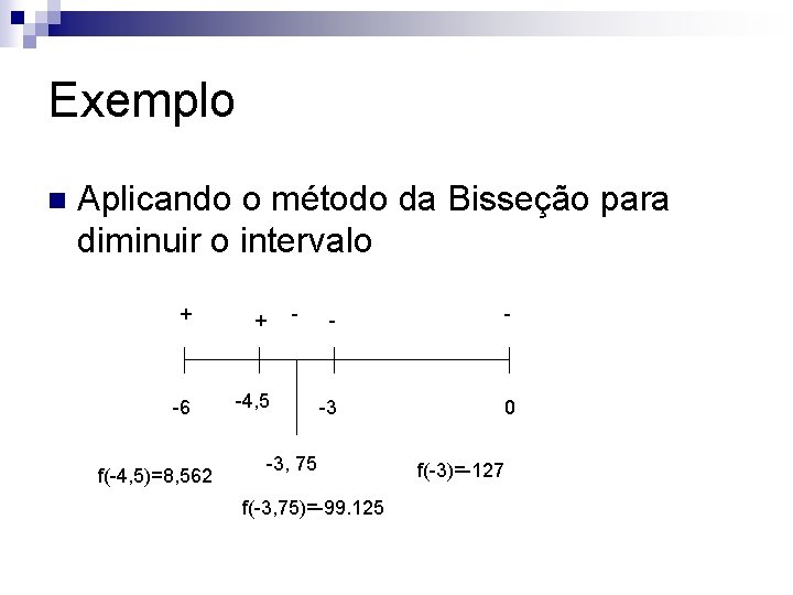 Exemplo n Aplicando o método da Bisseção para diminuir o intervalo + + -6
