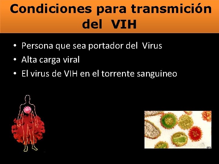 Condiciones para transmición del VIH • Persona que sea portador del Virus • Alta