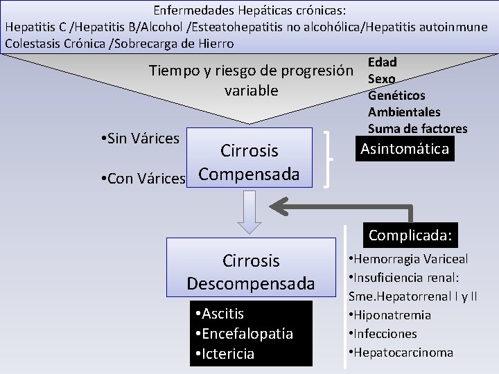 Enfermedades Hepáticas crónicas: Hepatitis C /Hepatitis B/Alcohol /Esteatohepatitis no alcohólica/Hepatitis autoinmune Colestasis Crónica /Sobrecarga