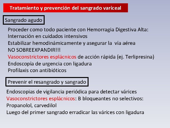 Tratamiento y prevención del sangrado variceal Sangrado agudo Proceder como todo paciente con Hemorragia