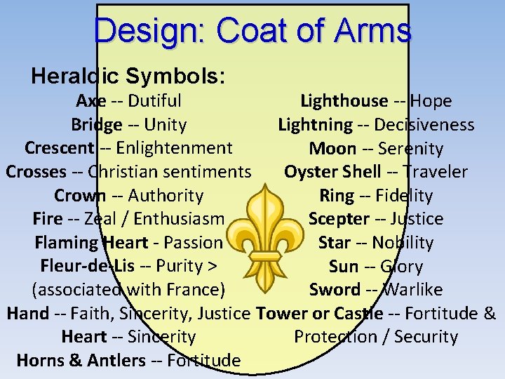 Design: Coat of Arms Heraldic Symbols: Axe -- Dutiful Lighthouse -- Hope Bridge --