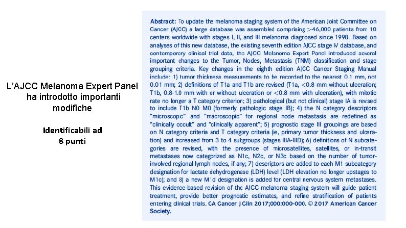 L’AJCC Melanoma Expert Panel ha introdotto importanti modifiche Identificabili ad 8 punti 