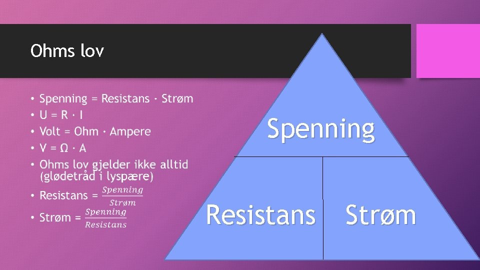 Ohms lov • Spenning Resistans Strøm 