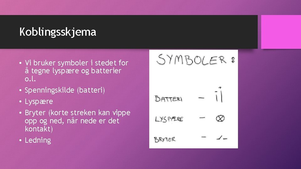 Koblingsskjema • Vi bruker symboler i stedet for å tegne lyspære og batterier o.