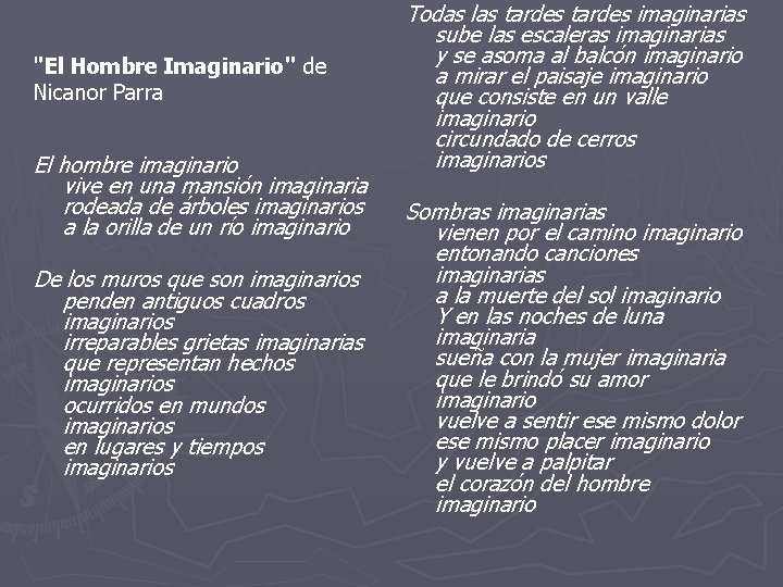 ''El Hombre Imaginario'' de Nicanor Parra El hombre imaginario vive en una mansión imaginaria