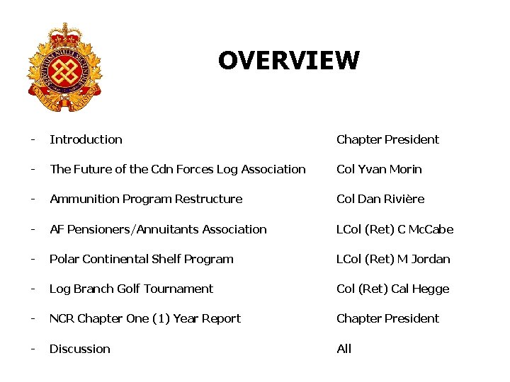 OVERVIEW - Introduction Chapter President - The Future of the Cdn Forces Log Association