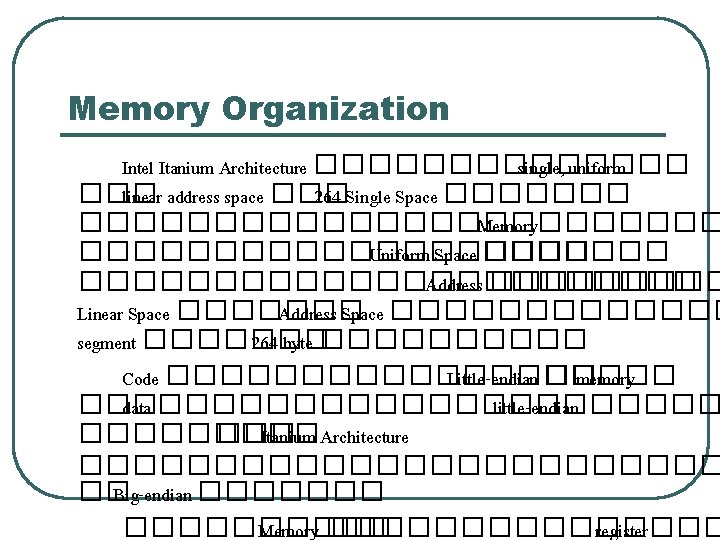 Memory Organization Intel Itanium Architecture ������� single, uniform ��� linear address space ��� 264