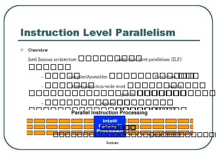 Instruction Level Parallelism l Overview Intel Itanium architecture ����� instruction level parallelism (ILP) ������