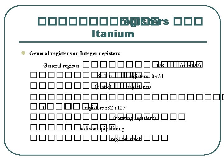 ������ registers ��� Itanium l General registers or Integer registers General register ������� 128