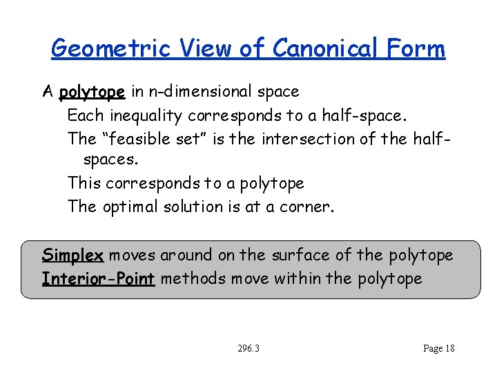 Geometric View of Canonical Form A polytope in n-dimensional space Each inequality corresponds to