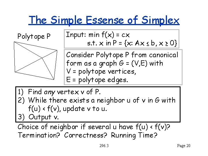The Simple Essense of Simplex Polytope P Input: min f(x) = cx s. t.