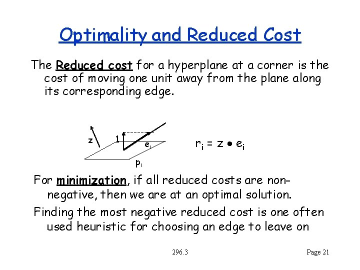 Optimality and Reduced Cost The Reduced cost for a hyperplane at a corner is