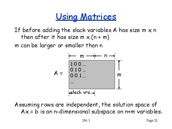 Using Matrices If before adding the slack variables A has size m x n