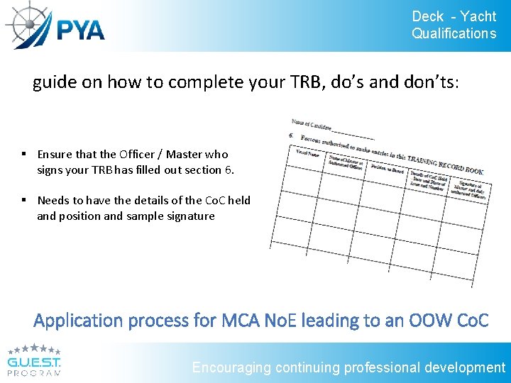 Deck - Yacht Qualifications guide on how to complete your TRB, do’s and don’ts: