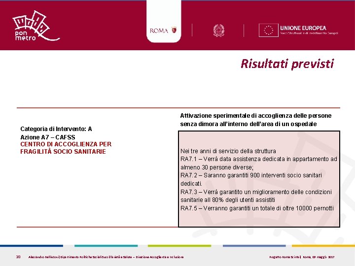 Risultati previsti Categoria di Intervento: A Azione A 7 – CAFSS CENTRO DI ACCOGLIENZA