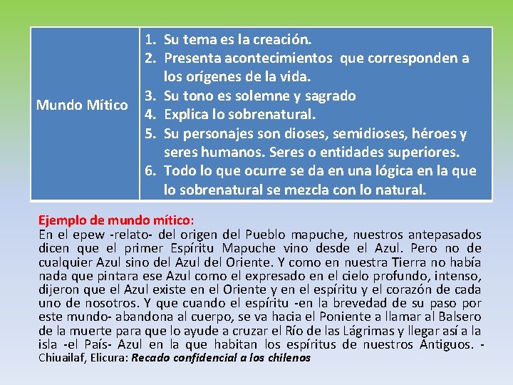 Mundo Mítico 1. Su tema es la creación. 2. Presenta acontecimientos que corresponden a Mundo Mítico 1. Su tema es la creación. 2. Presenta acontecimientos que corresponden a