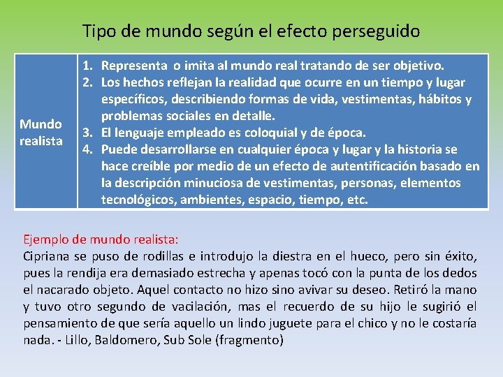 Tipo de mundo según el efecto perseguido Mundo realista 1. Representa o imita al Tipo de mundo según el efecto perseguido Mundo realista 1. Representa o imita al