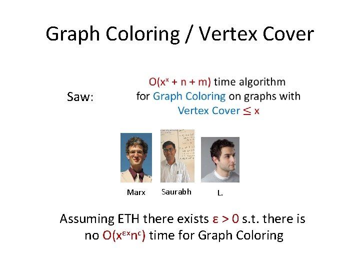 Graph Coloring / Vertex Cover Saw: Marx Saurabh L. Assuming ETH there exists ε