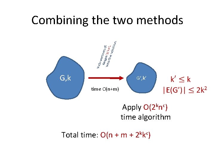 Combining the two methods G, k G’, k’ time O(n+m) Apply O(2 knc) time
