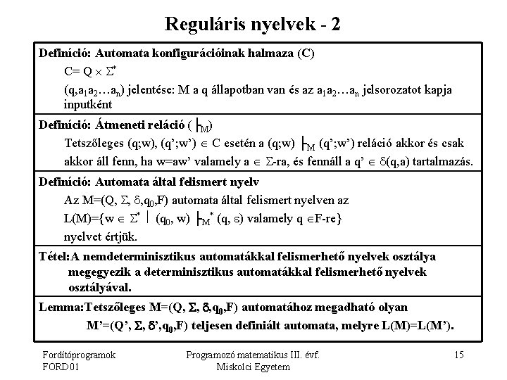Reguláris nyelvek - 2 Definíció: Automata konfigurációinak halmaza (C) C= Q * (q, a