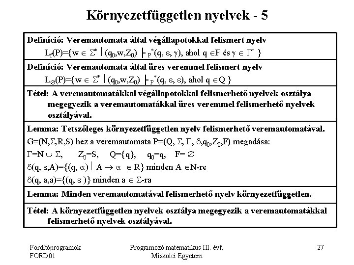 Környezetfüggetlen nyelvek - 5 Definíció: Veremautomata által végállapotokkal felismert nyelv Lf(P)={w * (q 0,