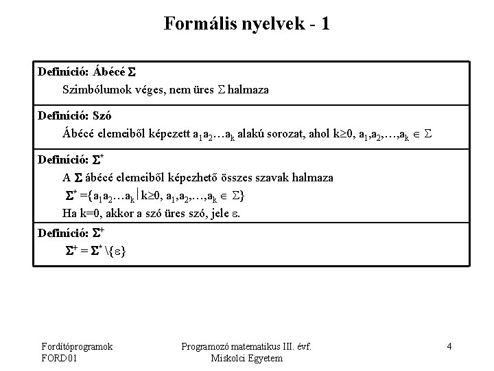Formális nyelvek - 1 Definíció: Ábécé Szimbólumok véges, nem üres halmaza Definíció: Szó Ábécé
